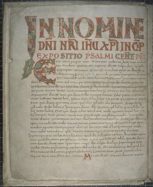 illuminierte Ziercapitalis mit Flechtwerk und Fischmotiv, insular beeinflußt (Cod-0067, 002v) https://digital.dombibliothek-koeln.de/hs/urn:nbn:de:hbz:kn28-3-1958-p0008-2