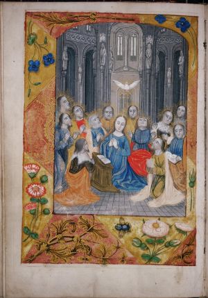 Cod. 1117, fol. 81v: Ganzseitige Miniatur mit Darstellung der Herabkunft des Hl. Geistes